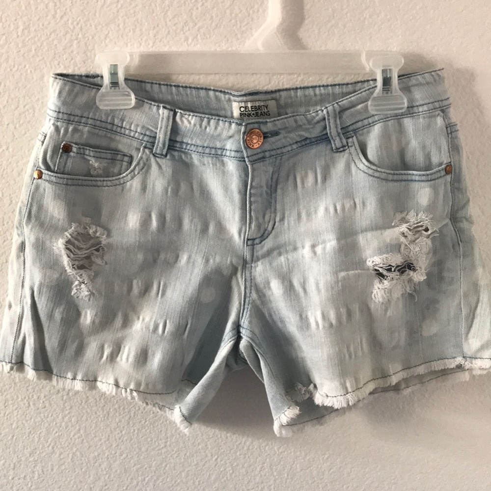Faded bleached polka dot Bermuda jean shorts